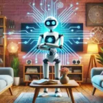 AI 음성 비서와 스마트홈 연동 컨셉 이미지 - 거실에 떠 있는 AI 홀로그램 비서와 연결된 스마트 조명, 스마트 TV, 스마트 스피커, 스마트 냉장고