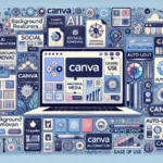 Canva의 인터페이스와 AI 디자인 기능을 설명하는 와이드형 이미지. 노트북 화면에 다양한 템플릿과 자동화 기능이 표시되며, 직관적인 디자인과 협업 아이콘이 주변에 배치된 모습