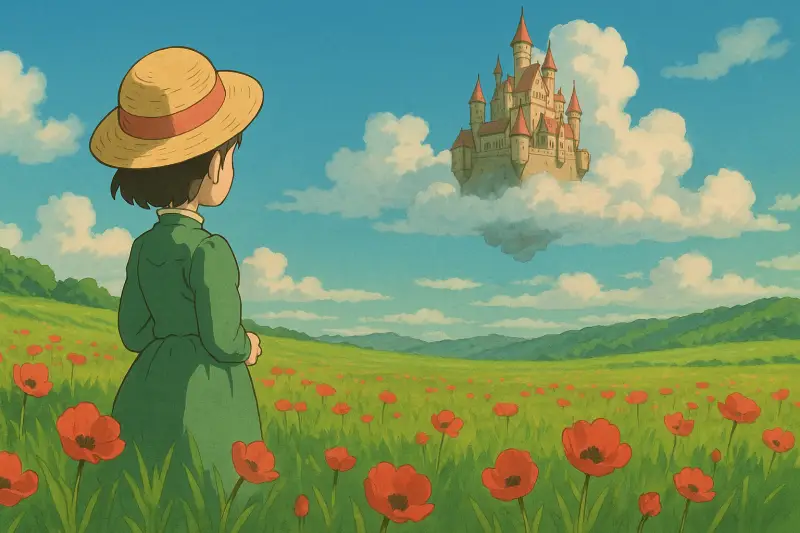 A young girl with a straw hat, standing in a vast green field filled with red flowers, looking at a distant castle in the sky. Studio Ghibli anime style, warm daylight, hand-drawn look.
