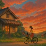 고양이와 어린 소녀가 자전거를 타고 지나가는 장면