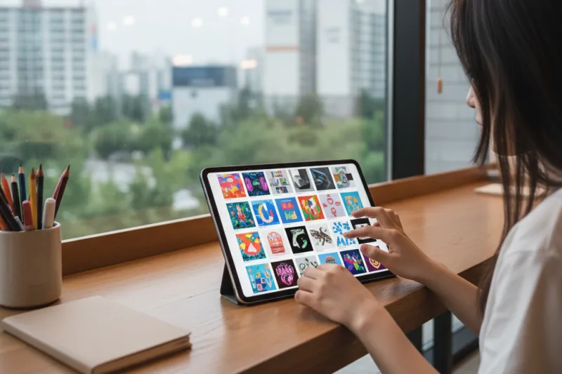 카페에서 태블릿으로 AI 생성 그림들을 살펴보는 모습