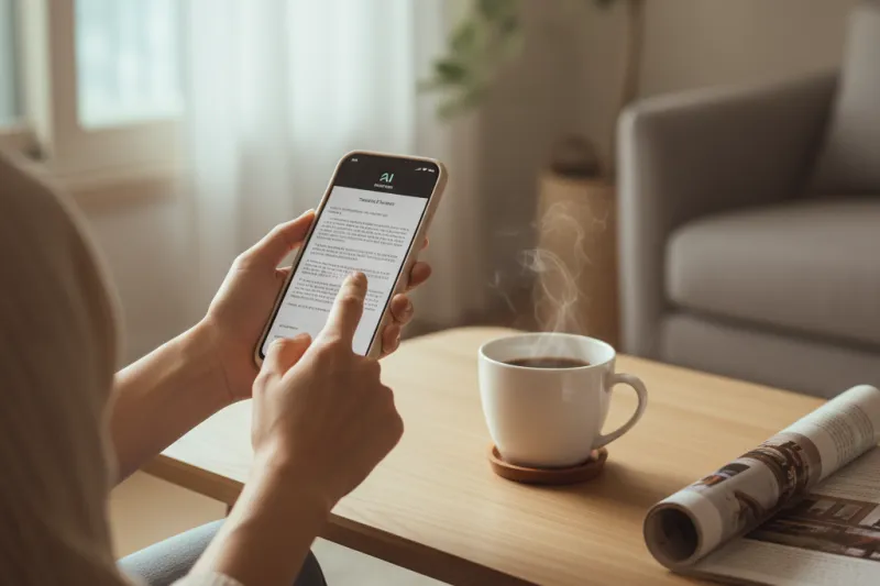 거실에서 스마트폰으로 AI 약관을 확인하는 모습