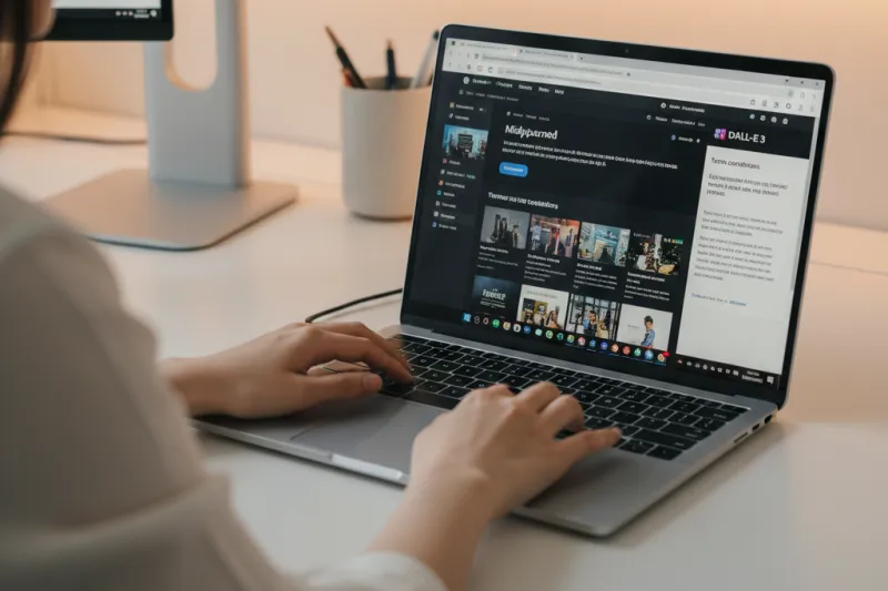 사무실에서 AI 플랫폼별 이용 약관을 노트북으로 비교하는 모습