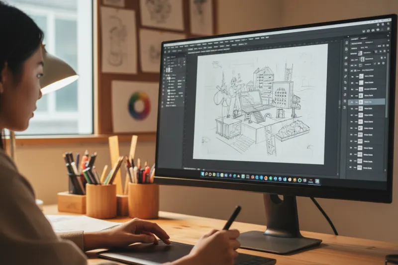 디자인 스튜디오에서 AI 이미지를 그래픽 태블릿으로 보정하는 모습