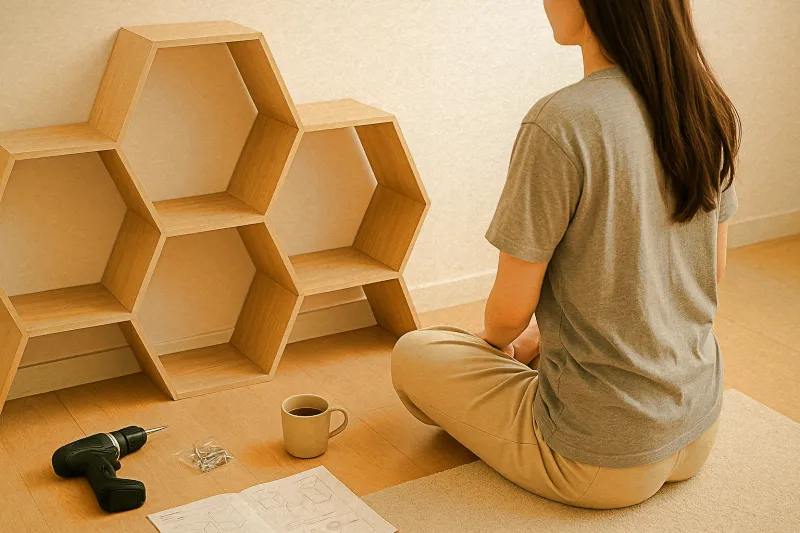 DIY 수납장을 완성한 뒤 자취방 한켠에서 쉬고 있는 모습