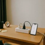 스마트 플러그 앱이 켜진 자취방 책상 풍경