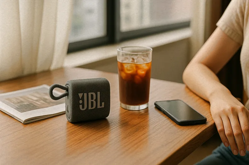 JBL GO 4 무선 스피커와 테이블 위 감성 배치
