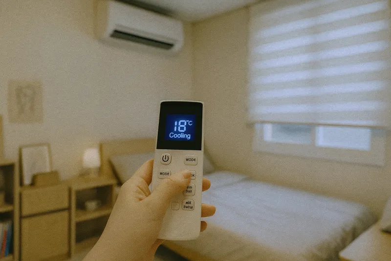 에어컨 점검 냉방 모드 설정 확인 장면