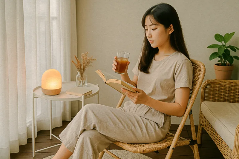 접이식 라탄체어와 트레이테이블이 있는 여름 베란다 감성 연출
