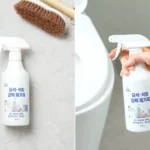 다이소 석회제거제 세면대 분사 장면