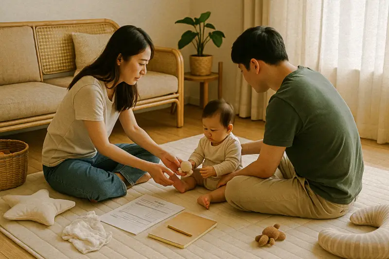 부모가 아기와 함께 시간을 보내는 따뜻한 거실 풍경
