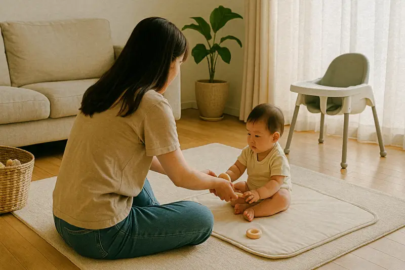 부모 동시 육아휴직 중 거실에서 아기와 시간을 보내는 부부