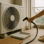 에어컨 실외기 청소 - 에어컨 실외기 핀에 물을 뿌리며 청소하는 장면