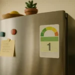 으뜸효율 인증 마크가 부착된 냉장고 라벨 클로즈업