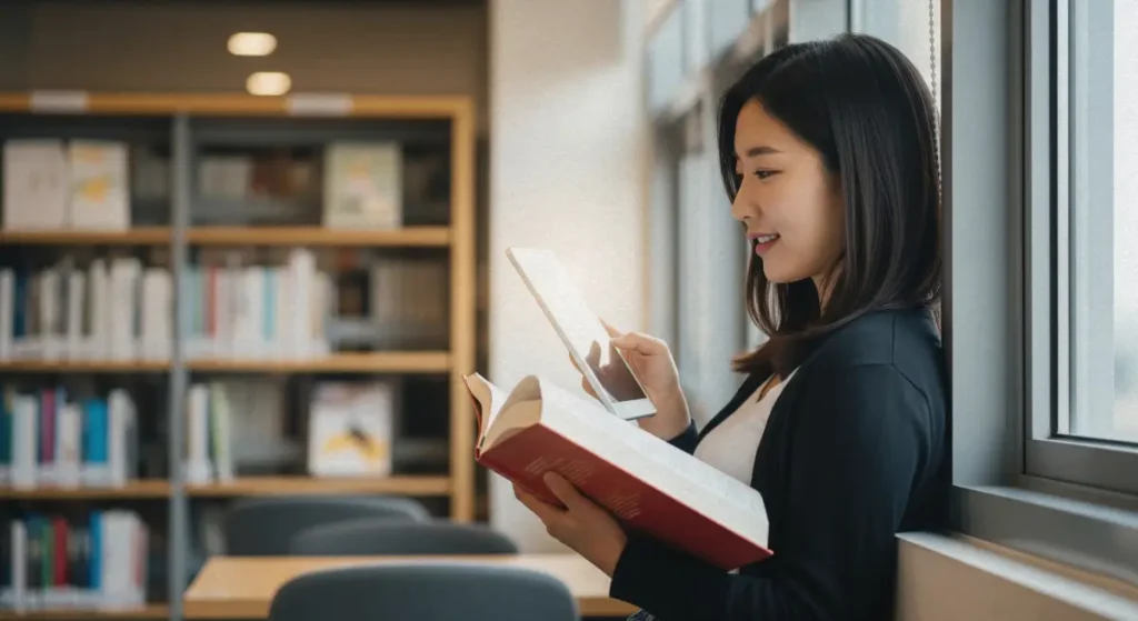 도서관에서 태블릿과 책을 보며 제미나이 프로를 활용하는 모습, AI for academic research
