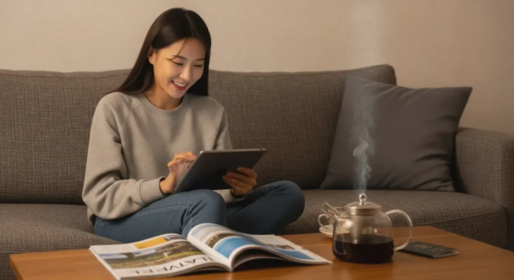 소파에 앉아 태블릿으로 여행 계획을 짜는 여성, Using Gemini Pro for daily life planning