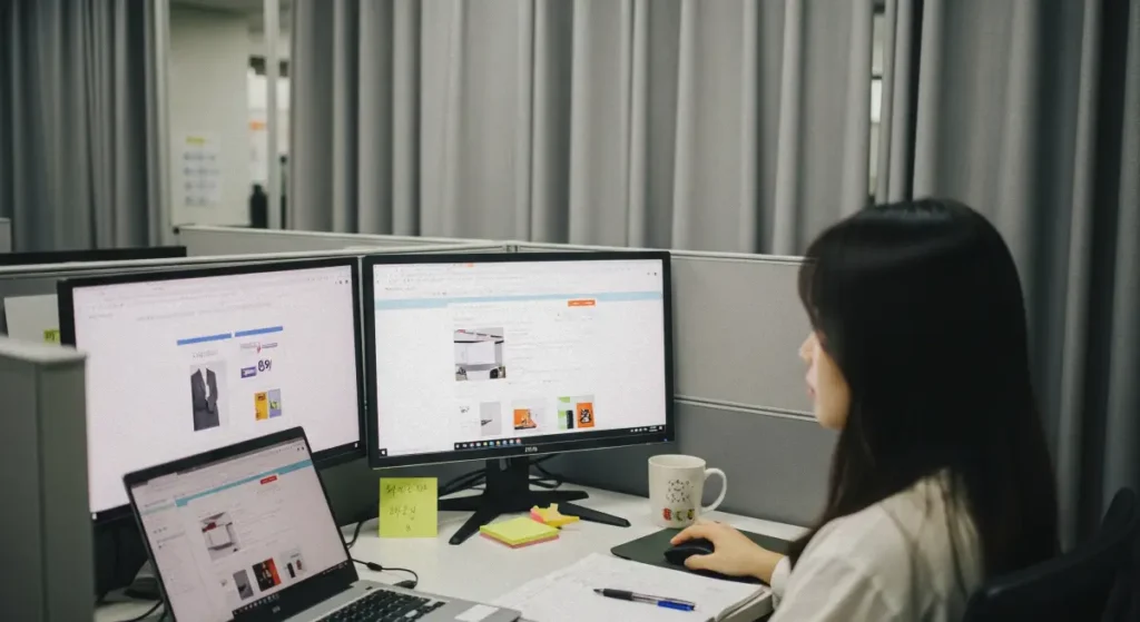 AI 상세페이지 제작, AI branding storytelling office scene
