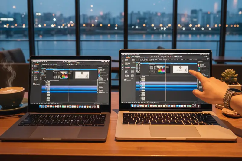 13인치와 15인치 M3 맥북에어에서 동일한 영상 편집 타임라인을 비교하는 모습