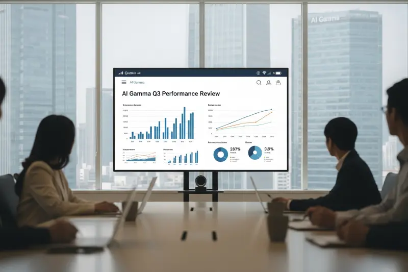 감마로 완성된 고품질 보고서를 회의실 스크린에서 검토하는 장면