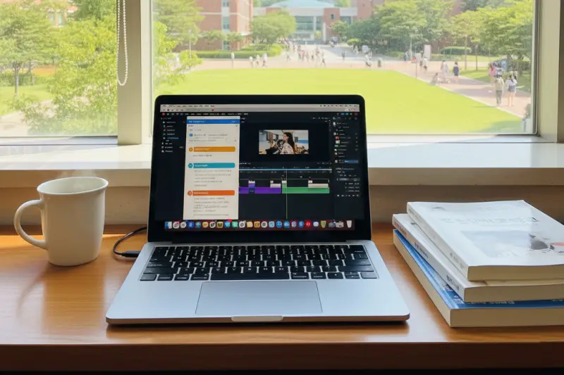 M3 맥북에어 15인치로 도서관에서 공부하는 대학생의 모습