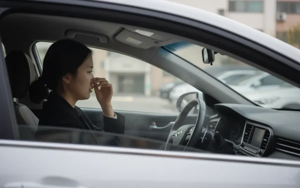 아반떼 CN7 차량 내부에서 운전자가 불쾌한 자동차 에어컨 냄새를 맡는 손과 측면 모습