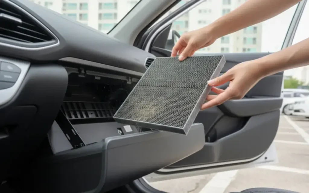 한국인 손이 아반떼 CN7 글로브 박스 안에서 에어컨 필터 셀프 교체를 위해 필터를 꺼내는 장면