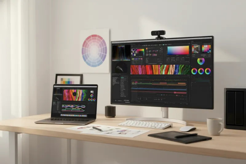 4K 모니터와 맥북이 있는 깔끔한 디자이너 작업실 책상