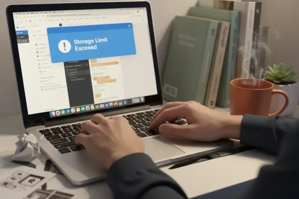 노션 유료 요금제 - 대용량 파일을 업로드하지 못해 노트북 화면을 답답하게 바라보는 손과 에러 메시지.