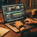 M3 맥북에어에서 파이널컷 프로로 4K 영상 편집 중인 손의 모습