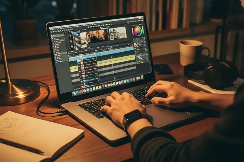 M3 맥북에어에서 파이널컷 프로로 4K 영상 편집 중인 손의 모습