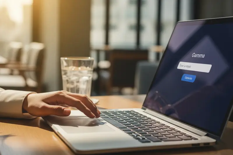 AI PPT 만들기를 위해 감마에 주제를 입력하는 손의 클로즈업