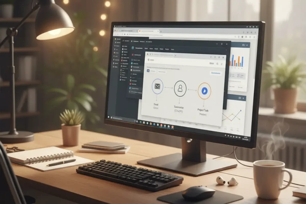 GPT-5와 Notion, Zapier를 함께 사용하는 한국의 따뜻한 사무실 업무 환경