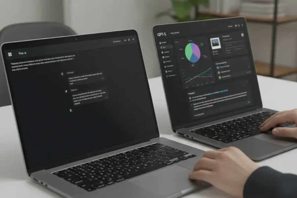 ChatGPT 무료 버전과 GPT-5 유료 버전의 기능 차이를 비교하는 두 대의 노트북 장면”