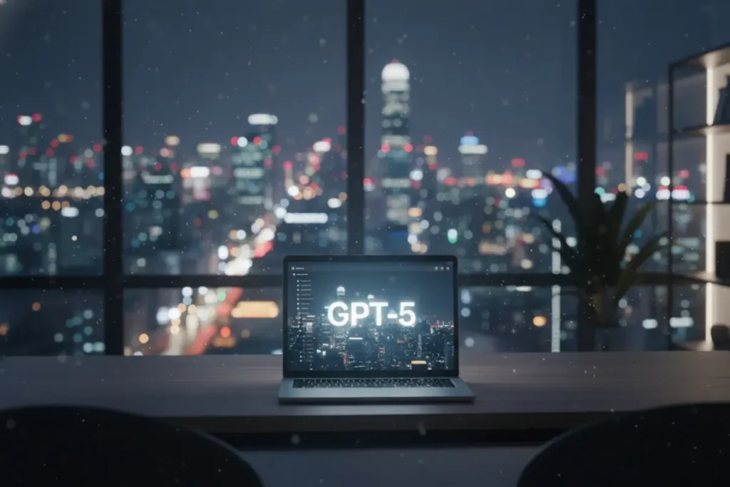 GPT-5로 야간에도 집중해 일하는 한국 도심 오피스의 차분한 분위기