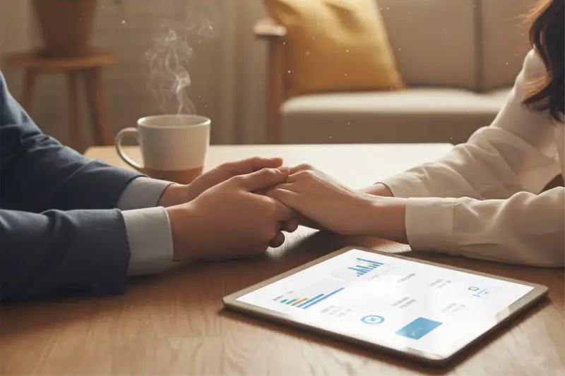 여성건강 지원비 - 난임 시술비 지원 정보를 태블릿으로 확인하며 희망을 나누는 부부의 손