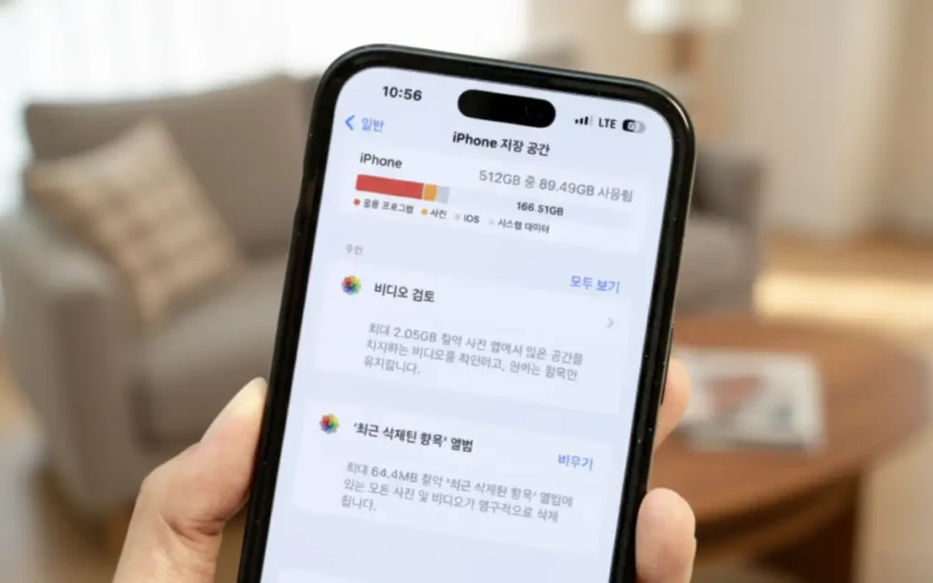 아이폰 저장 공간 부족 알림을 확인하는 20대 여성의 손과 아이폰 화면.