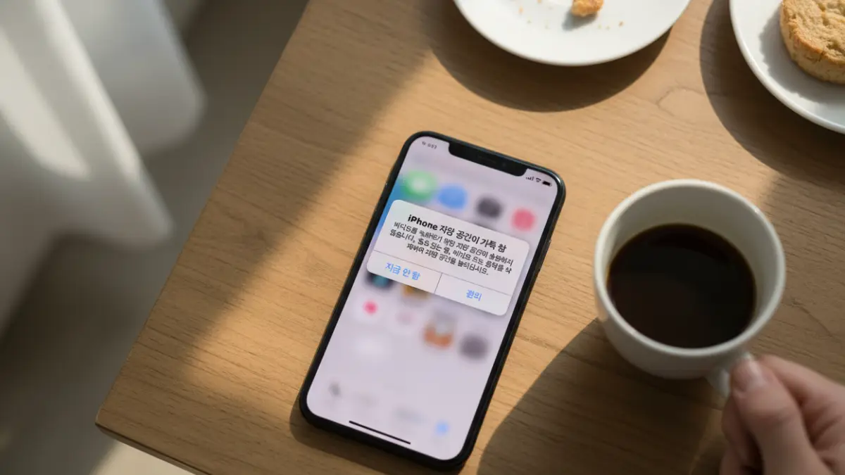 아이폰 저장 공간 부족 알림을 확인하는 20대 여성의 손과 아이폰 화면.