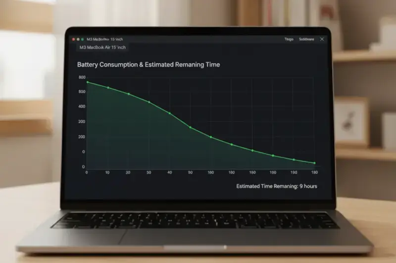 M3 맥북에어 15인치 영상 편집 시 배터리 소모율 및 약 9시간 지속 가능성을 보여주는 그래프