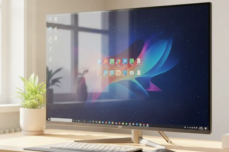 밝은 방에서 모니터 화면에 빛 반사가 있는 모습