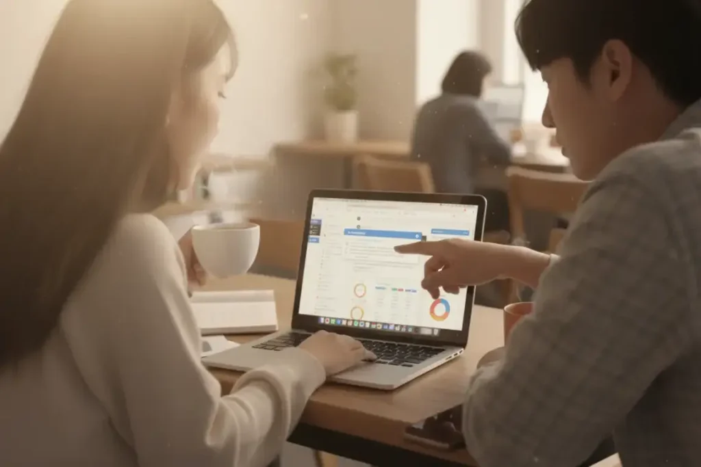 팀원 두 명이 카페 같은 공간에서 노트북 화면의 Notion AI 요약본을 함께 확인하는 모습.