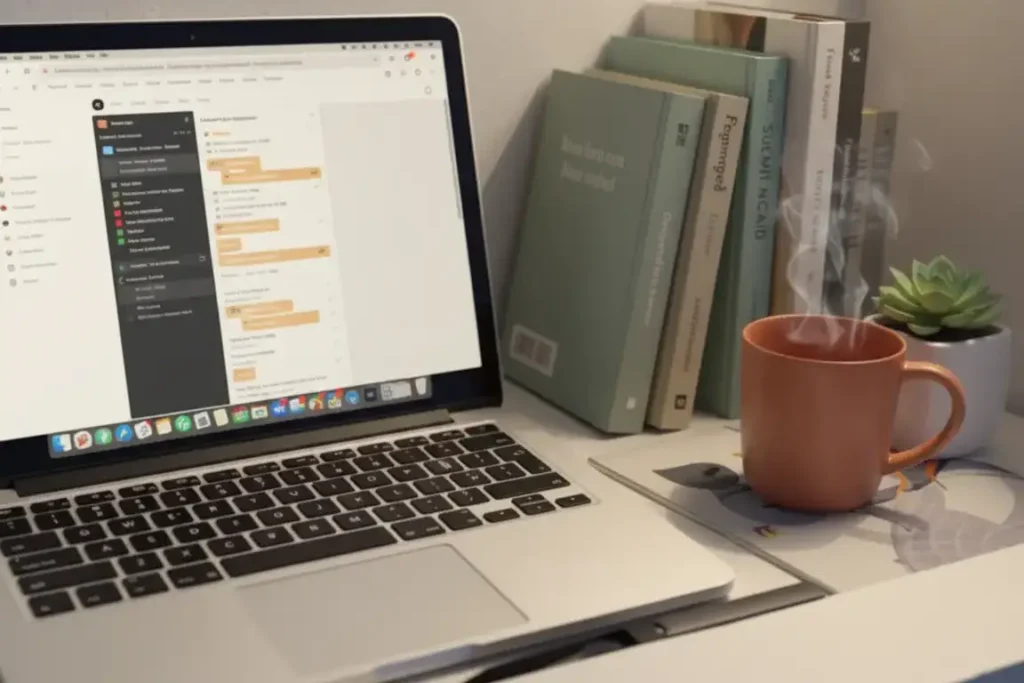 노션 유료 요금제 - 아침 햇살이 드는 깔끔한 책상에서 노트북으로 노션 페이지를 보고 있는 모습.