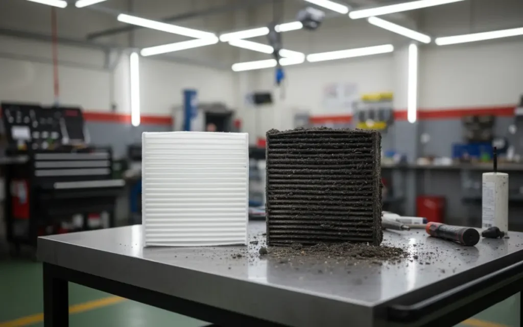 새 필터와 오래되어 시커멓게 오염된 에어컨 필터를 비교하여 보여주는 모습