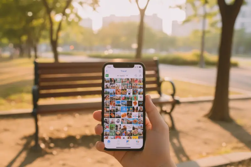 클라우드 추천 - 야외에서 스마트폰으로 클라우드 사진을 검색하는 장면