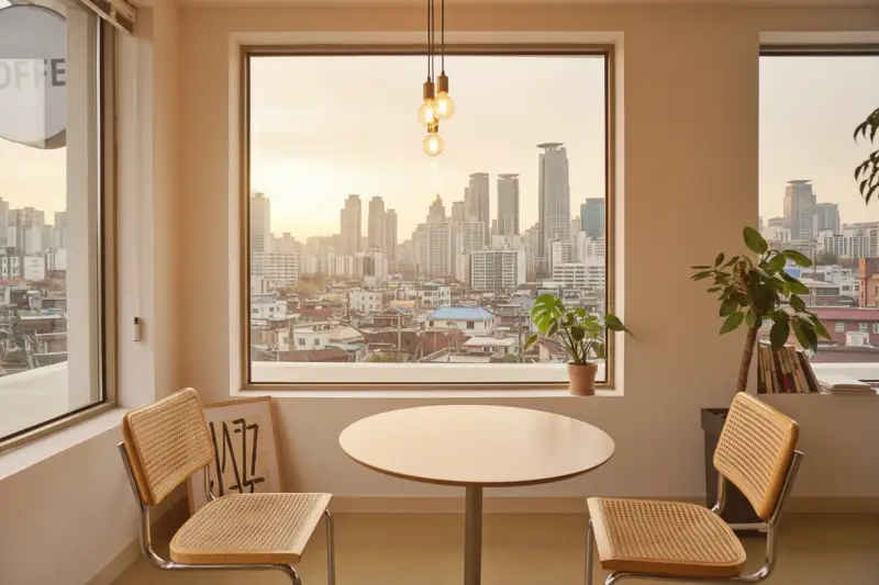 포토샵 AI 생성형 채우기로 좌우가 확장되어 자연스러운 공간이 채워진 따뜻한 한국 카페 이미지.