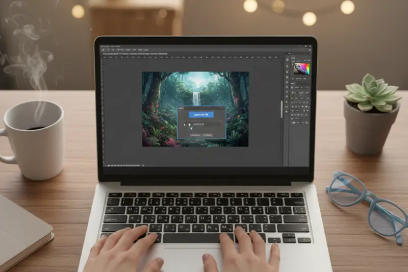 손이 트랙패드 위에 올려져 있고, 포토샵 AI 생성형 채우기 프롬프트 창이 떠 있는 화면. AI 작업 효율성을 보여주는 연출.