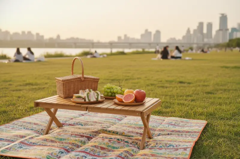 생성형 채우기로 사진 속 불필요한 페트병이 제거되고 배경이 완벽하게 복원된 한강 피크닉 테이블 사진.