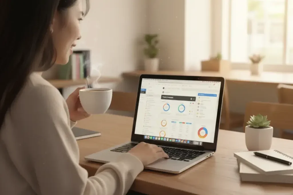 정리된 노션 페이지를 띄운 노트북과 함께, 만족감에 가벼운 미소를 짓는 인물의 뒷모습.