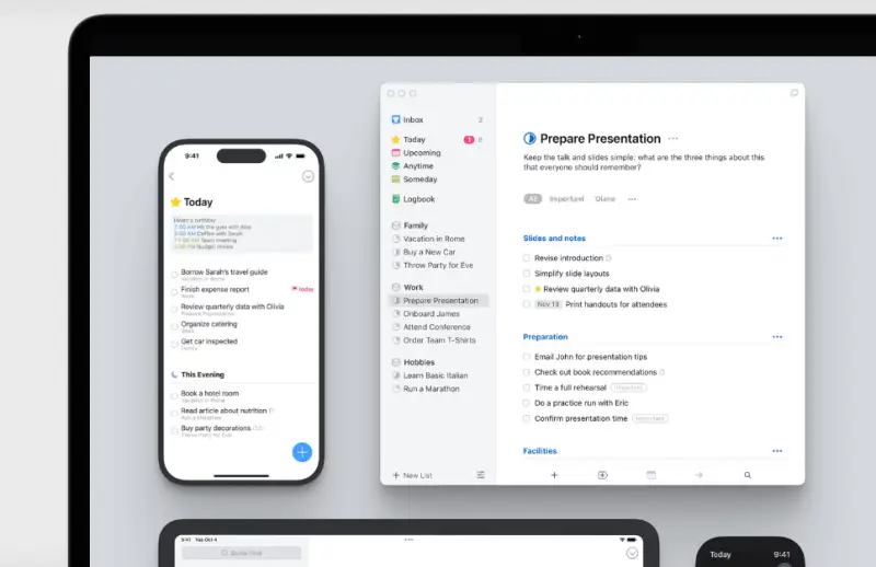 아이맥과 아이폰에서 Things 3 앱이 동기화된 미니멀한 화면