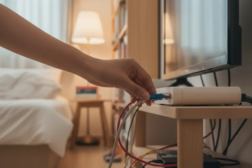 넷플릭스 버퍼링 해결을 위한 TV와 공유기 유선 LAN 연결 장면