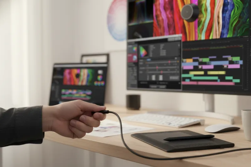 USB-C 케이블 하나로 맥북과 모니터를 연결하는 손의 클로즈업